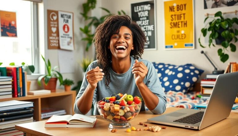 college student eating a healthy snack